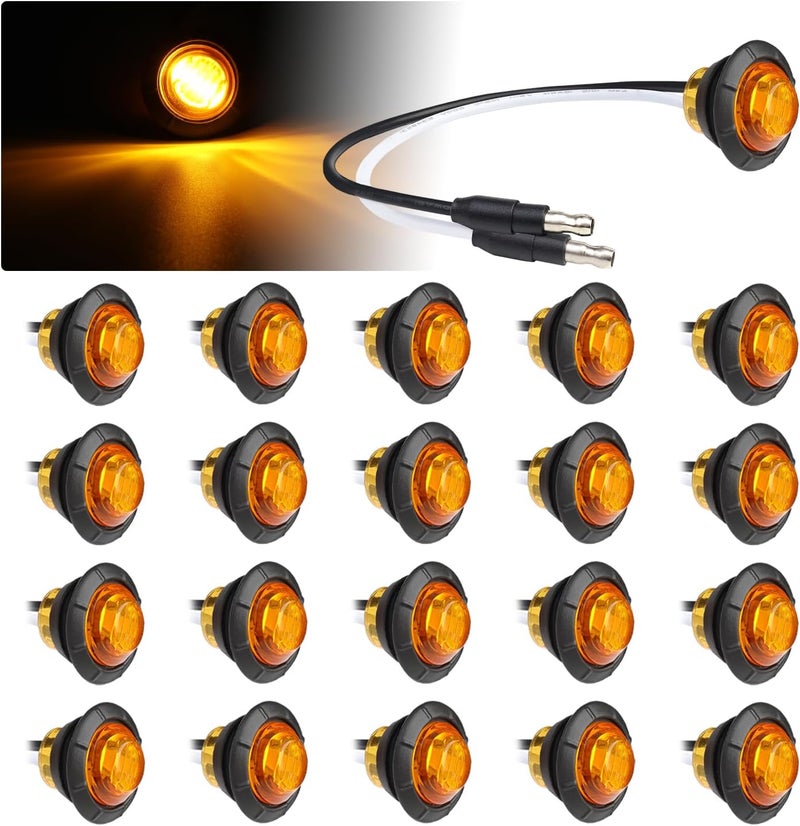 TMH 3/4 Inch Mini Amber Light 3 LED with Connector Plug Clearance Markers Side Marker Indicator Lights Mini Round Front Rear with Grommet for Truck Trailer Lorry Bus 12V DC (Pack of 20) - Image 1
